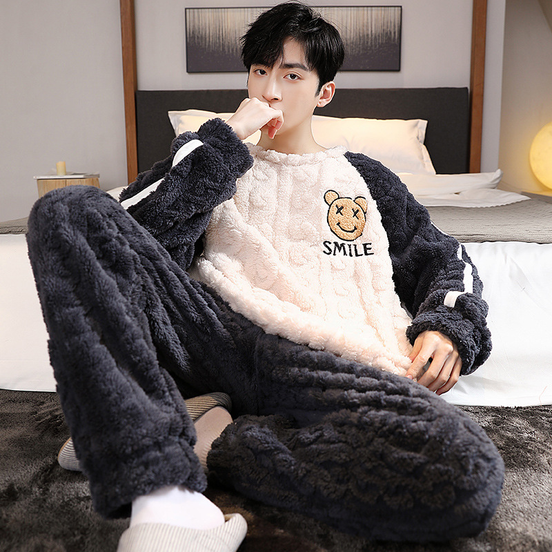 Men's Pajamas Coral Velvet Autumn and Winter Fleece-Lined Thickeneded Men's Winter Warm Flannel Home Clothes Set