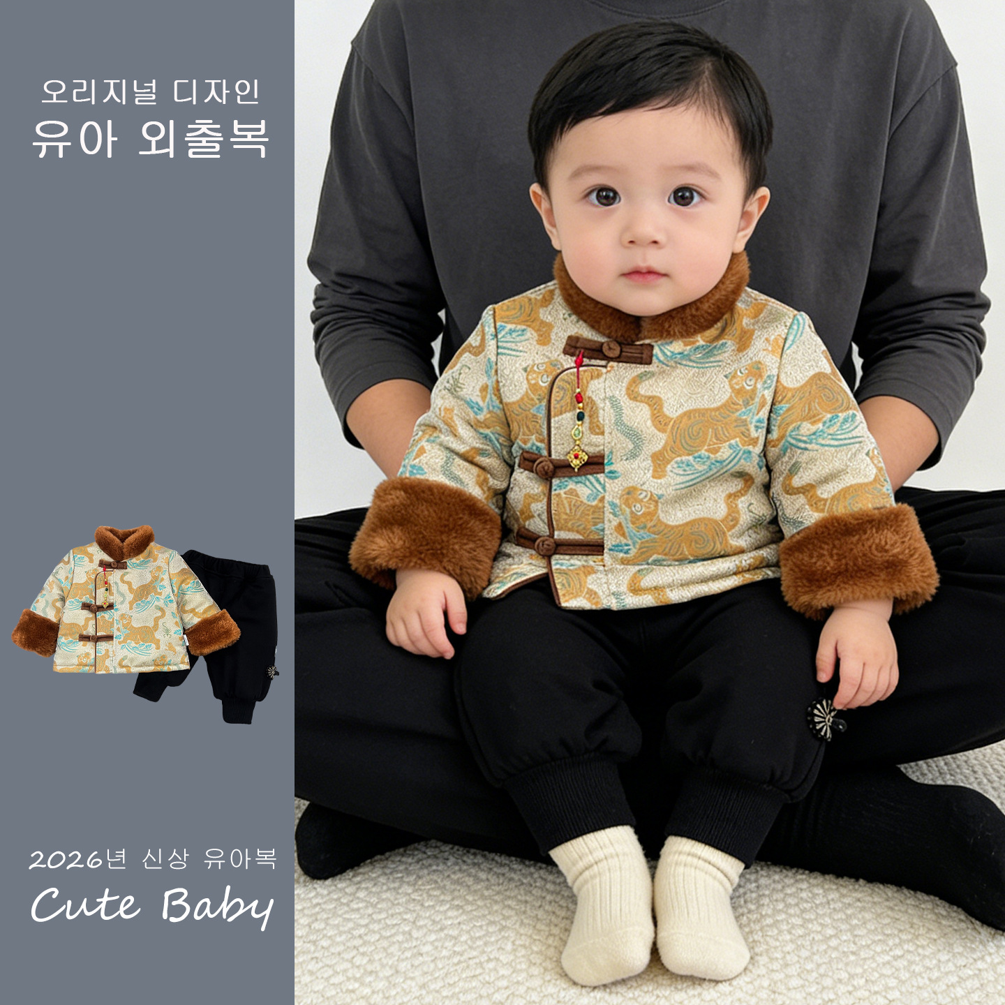 New Chinese-Style Printed Button Jacket Winter New Retro Boys' Fleece Thickened Tang Suit New Year Outfit Set