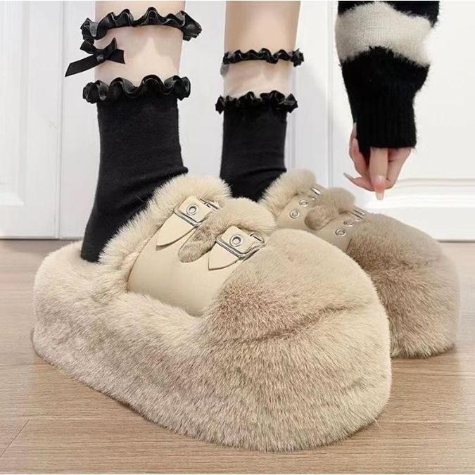 Женские меховые тапочки в британском стиле для улицы, элегантные универсальные теплые хлопковые тапочки на осень и зиму, стиль Кореи 2025 года