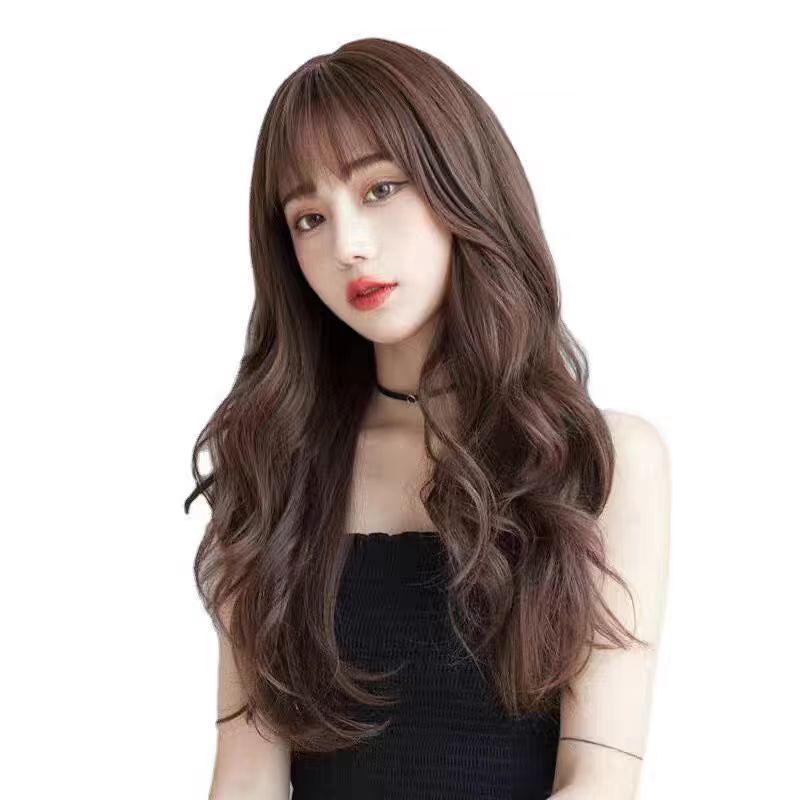 Cross-Border New Japanese and Korean Air Bangs Long Curly Hair Big Wave Wig High Temperature Silk Simulation Wig Full Headgear Ready for Sale
