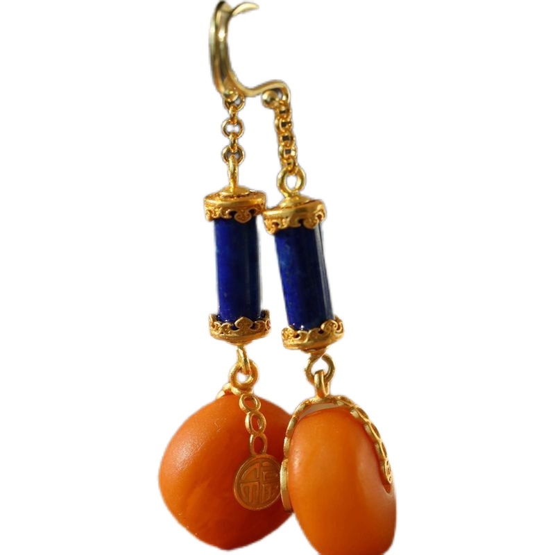 Looking back on pure jewelry natural amber old beeswax lapis lazuite retro ethnic style temperament women's long earrings TK eardrop