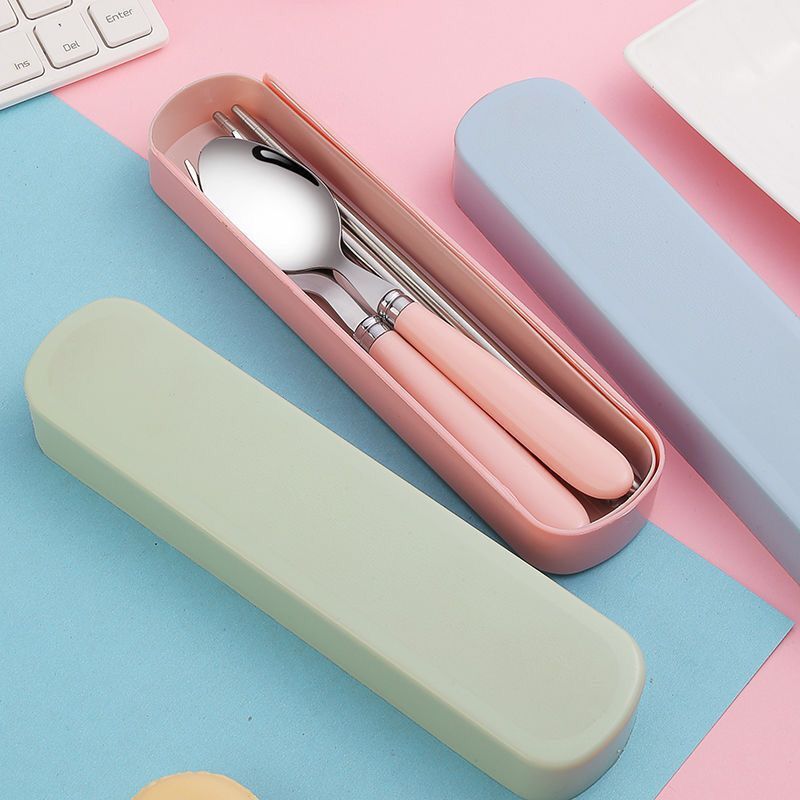 Portable Tableware Set Stainless Steel Spoon Chopsticks Fork Household Student Children Simple Tableware Three-Piece Set Cross-Border