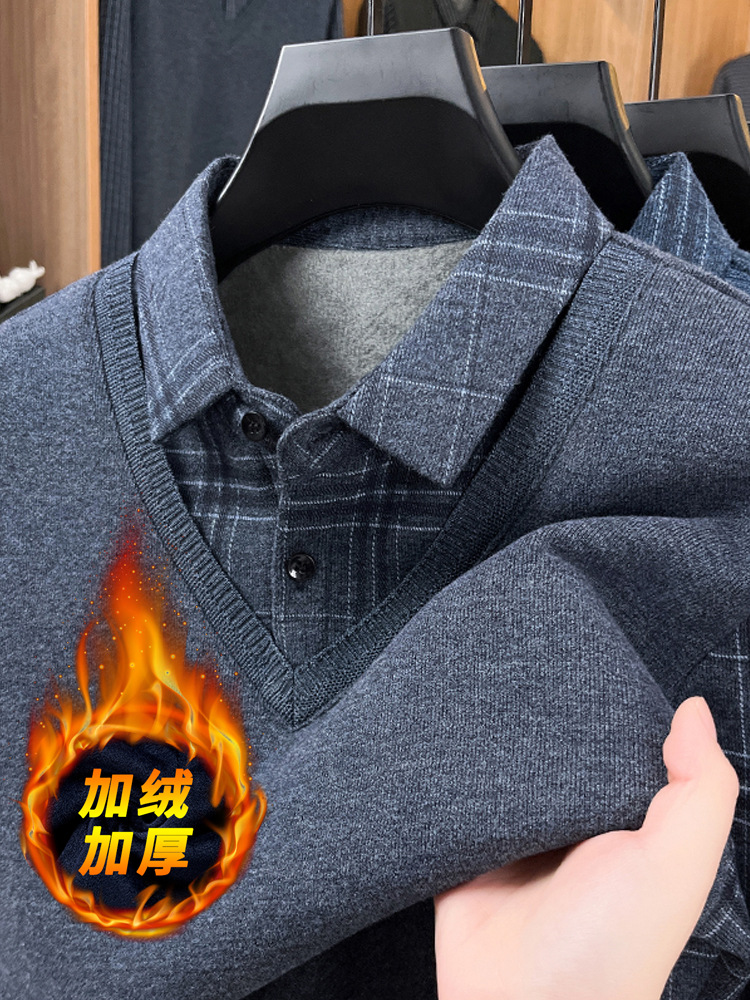 Men's Winter Wool Sweater with Fleece Lining, Thickened Dad Style, Turn-Down Collar, Faux Two-Piece, Casual Warm Base Wool Sweater for Men