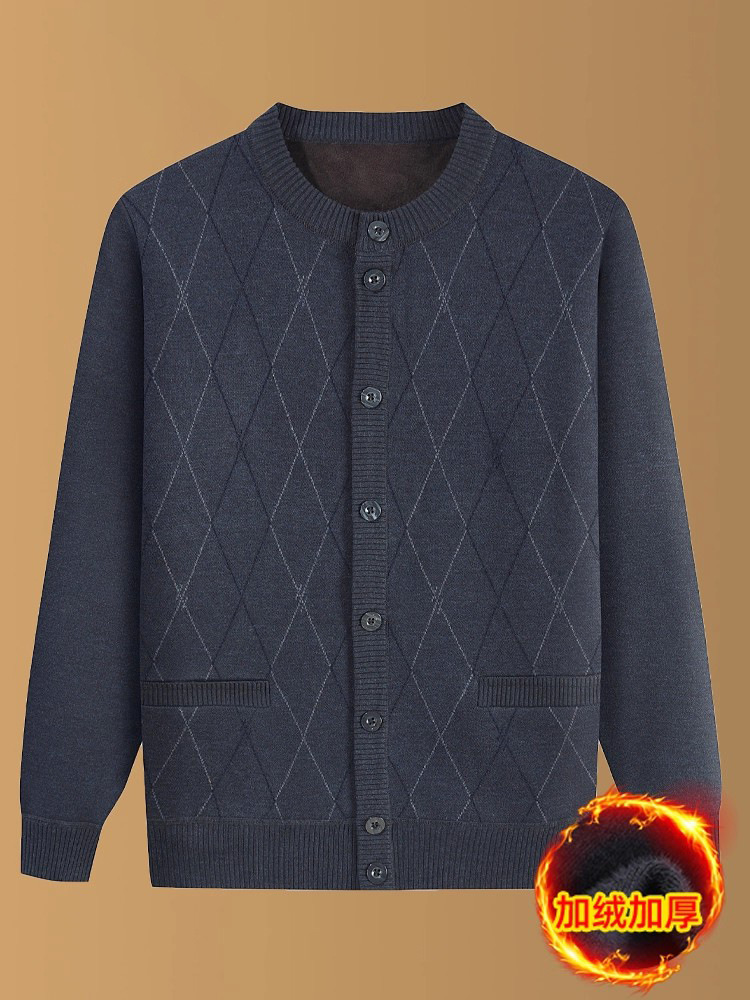 Middle-Aged and Elderly Dad's Knitted Knitwear Jacket Autumn and Winter Sweater Fleece-Lined Thickeneded Men's Grandpa Warm Top Clothes