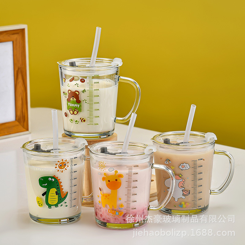 Cartoon Scale Milk Cup Cyber Celebrated Glass Water Cup Children's Suction Tube Cup with Handle Breakfast Cup with Lid Single Layer Cup