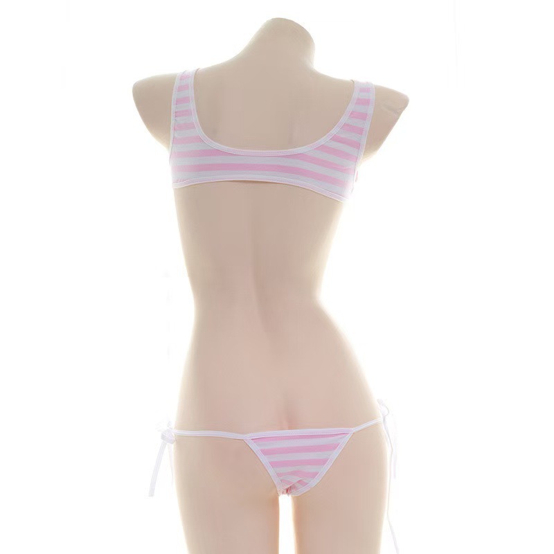 Sexy Fresh Striped Camisole Set with Lace-Up Panties, Japanese Style Figure-Flattering Lingerie Set for Women
