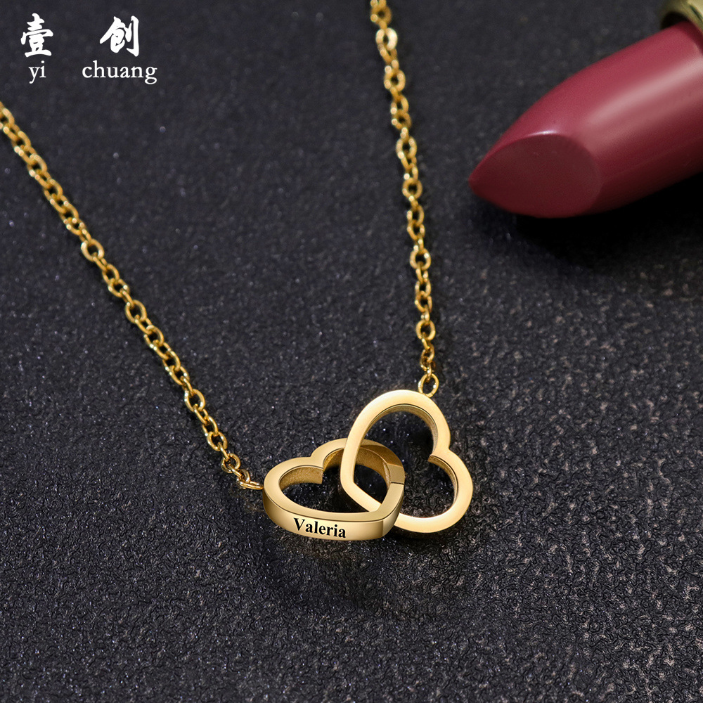 Stainless Steel Double Heart Engraving Necklace Engraved Heart Necklace European and American Cross-Border Popular Fashion Simple Gift