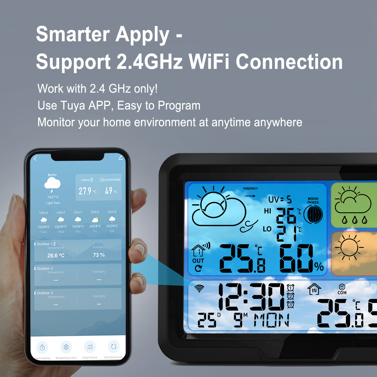 Cross-border TuyaWi-Fi weather clock indoor and outdoor temperature hygrometer wireless multi-functional weather station a generation