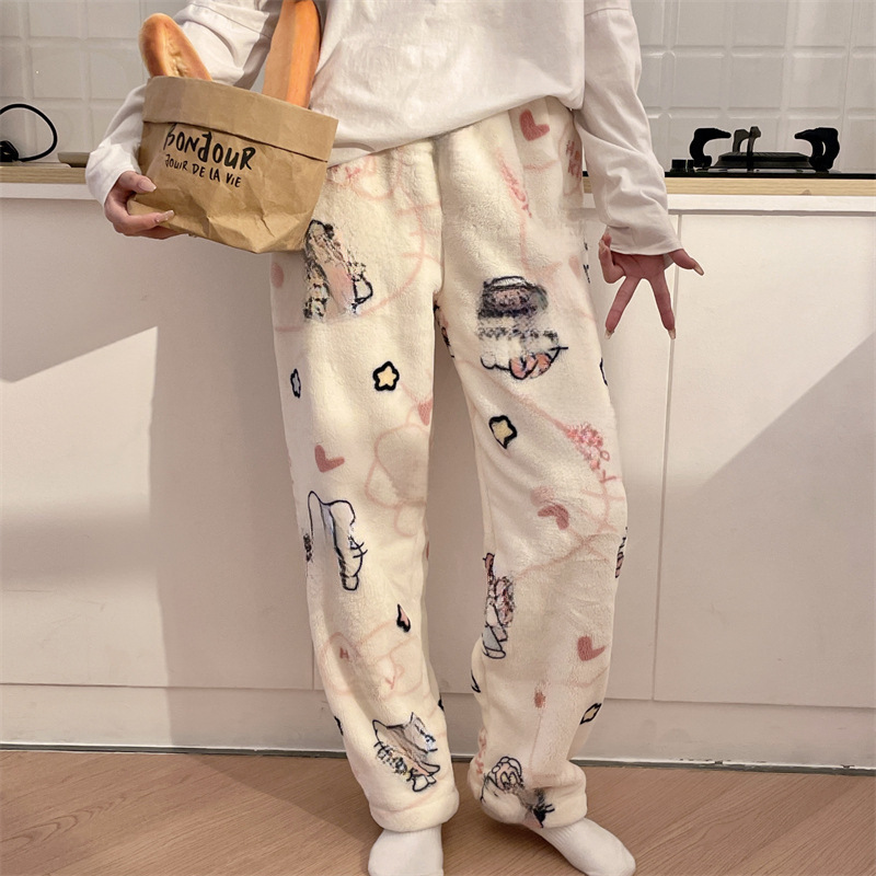 Halloween Cartoon Kt Cat Flannel Pajama Pants for Women, Autumn and Winter Fleece-Lined Warm Casual Home Kitty Pajama Pants Trendy
