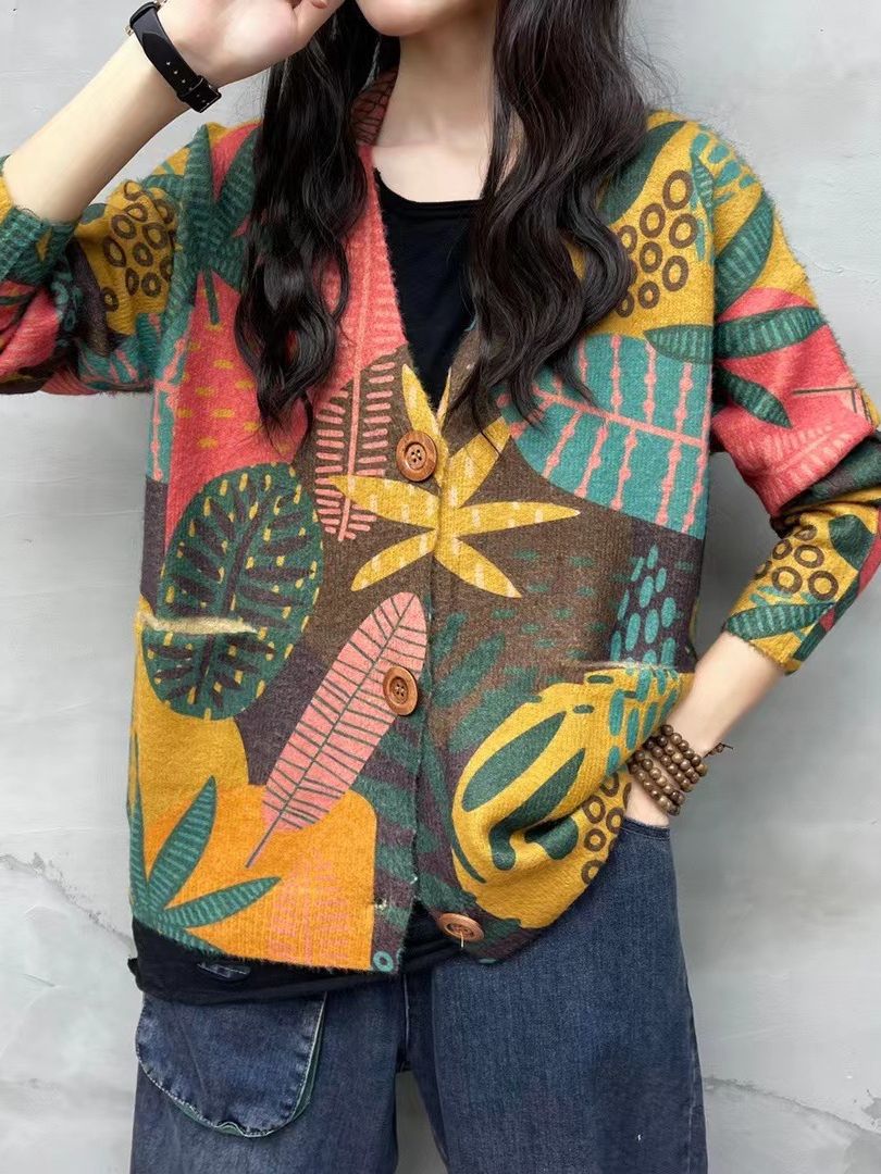 Knitted Sweater for Women, Autumn and Winter 2025 New Ethnic Style Yunnan Print V-Neck Cardigan, Mink Velvet Women's Outerwear, Cross-Border