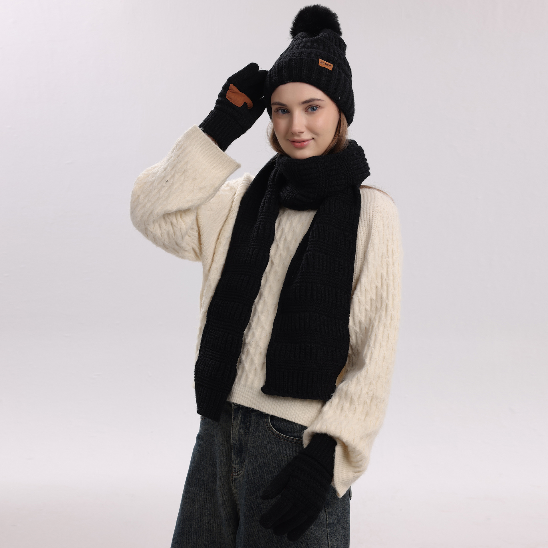New Autumn and Winter Knitted Woolen Hat, Scarf, Gloves and Headscarf Four-Piece Set, Double-Layered, Warm and Cold-Proof, Unisex