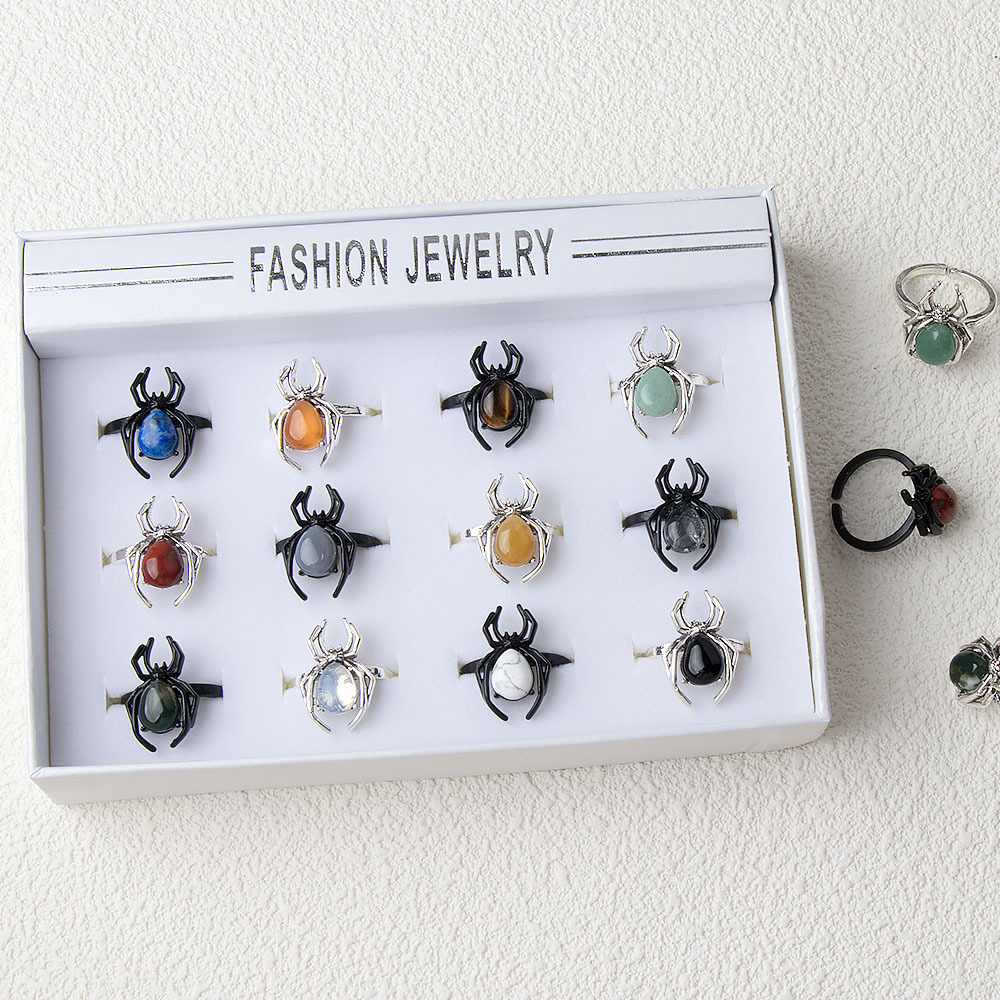 Natural Crystal Agate Stone Inlaid Gemstone Punk Spider Ring Halloween Accessories Cross Border New Product