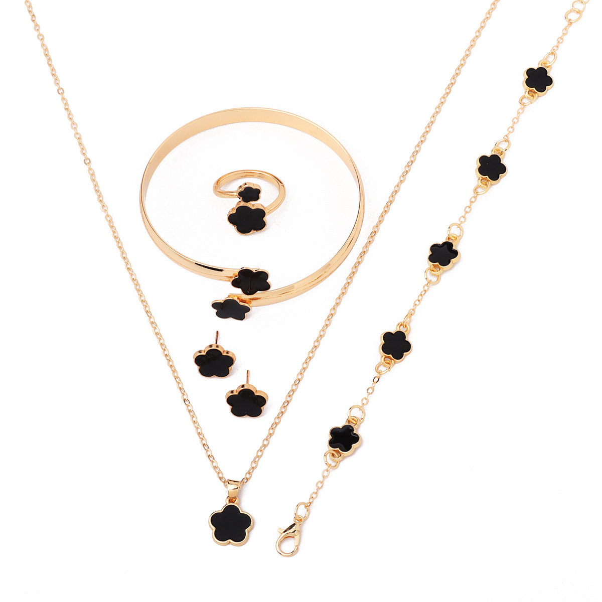 Temu Hot Selling Bright Lucky Plum Blossom Jewelry Set Necklace Bracelet Bracelet Five-Leaf Clover Necklace Ring Earrings