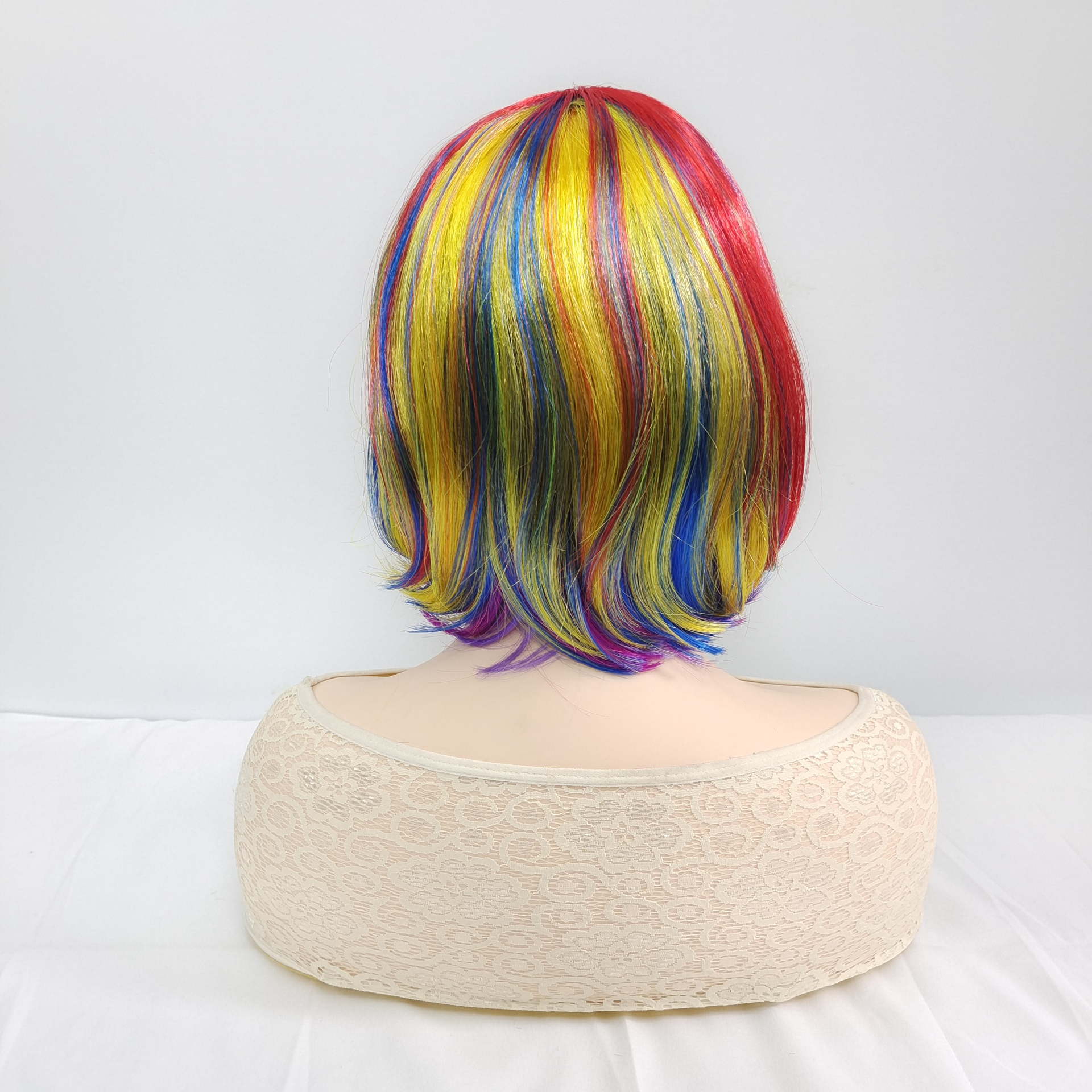 Manufacturer Wholesale Foreign Trade European and American Fashion Women's Colorful Rainbow Short Straight Hair Middle-Part Bob Wig Headgear