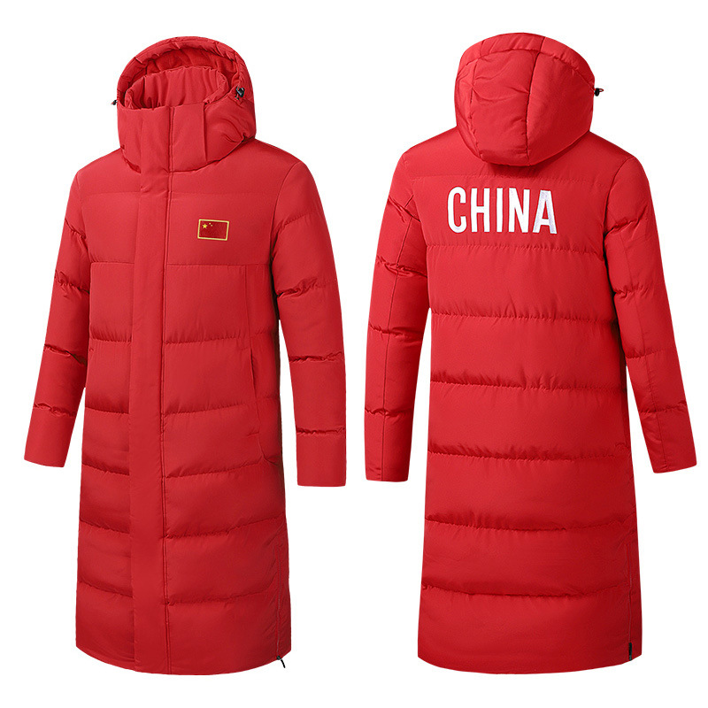 Chinese team winter training plus velvet knee-high athletes cotton coat men's long winter sports institute training down cotton-padded jacket
