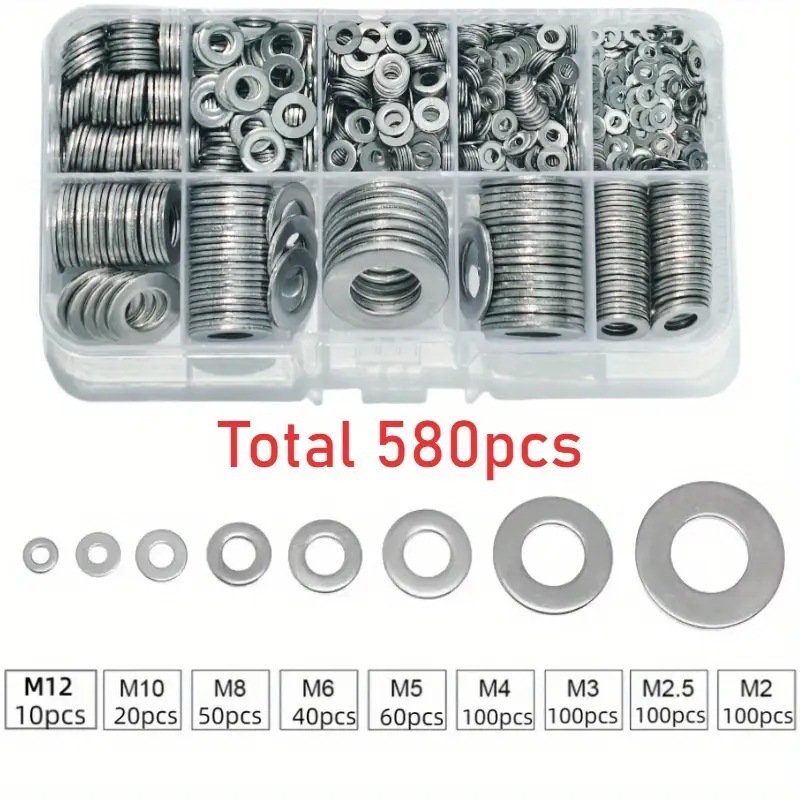 580 шт. экспортный кросс-граничный набор плоских прокладок M2-M12 в коробке, металлические аксессуары системы амортизации