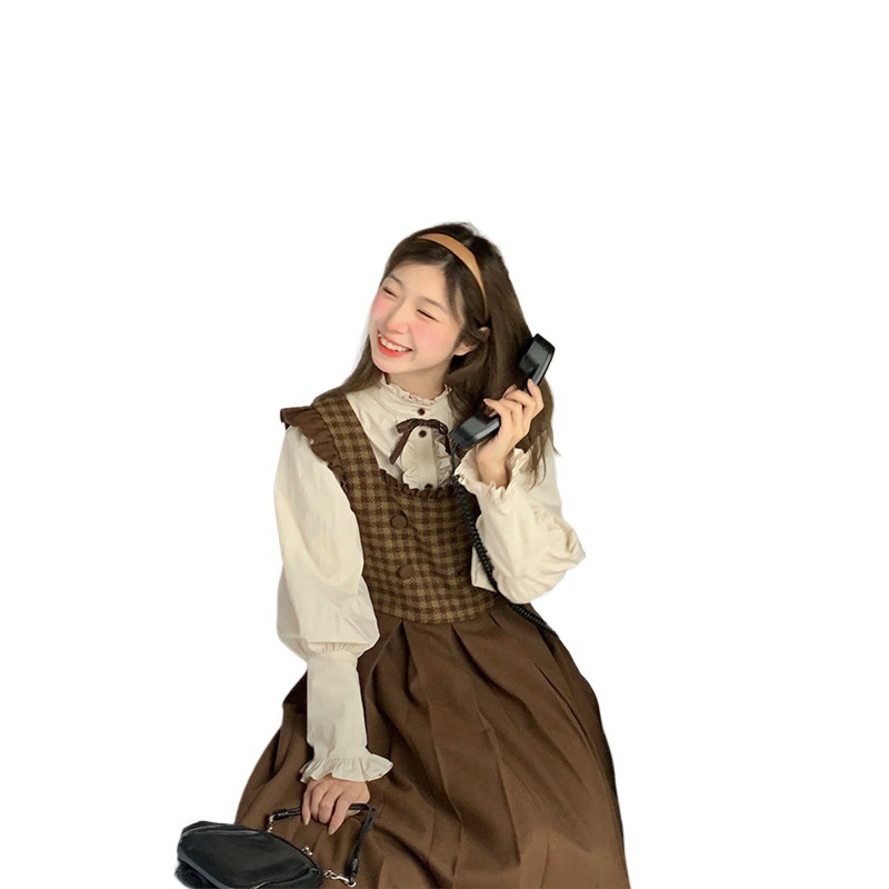 Korean Style Elegant Brown Small Flying Sleeves Plaid High Waist Pleated Vest Dress Square Neck A-Line Skirt + Fungus Shirt Two-Piece Set