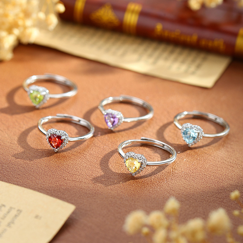 S925 Sterling Silver Ring Women's 5mm Heart-Shaped Natural Crystal Stone Ring Accessible Luxury High-End Classic Inlaid Hand Jewelry