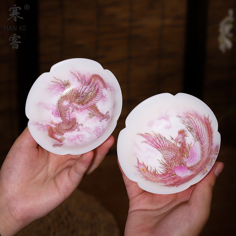 高端羊脂玉堆金龙凤茶杯个人主人茶杯白瓷茶道功夫茶具品茗杯茶盏