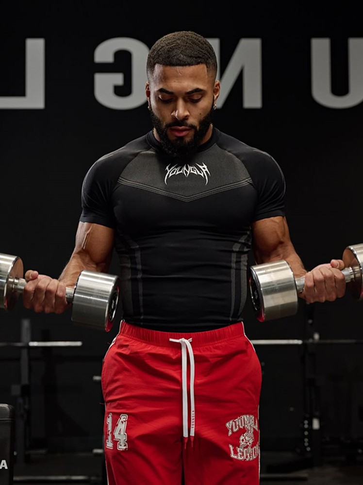 Youngal European and American New Fitness Clothing Coach Sports T-Shirt Bodysuit Men's High Elastic Training Clothing Fitness Clothing Short Sleeves