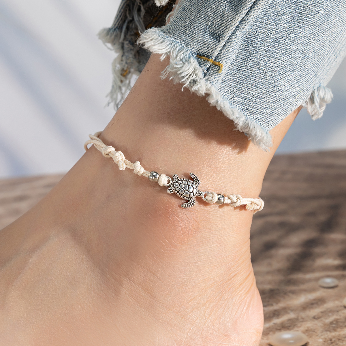 Cross-border Explosive Bracelet Jewelry Women's Beach Ancient Silver Three-color Turtle Wax Rope Woven Foot Ornaments Fashion Turtle Foot Chain
