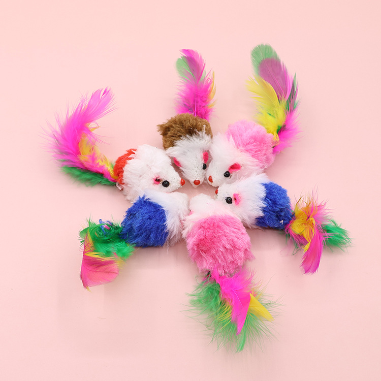 Pet supplies wholesale color feather tail little mouse cat toy realistic plush mouse simulation mouse