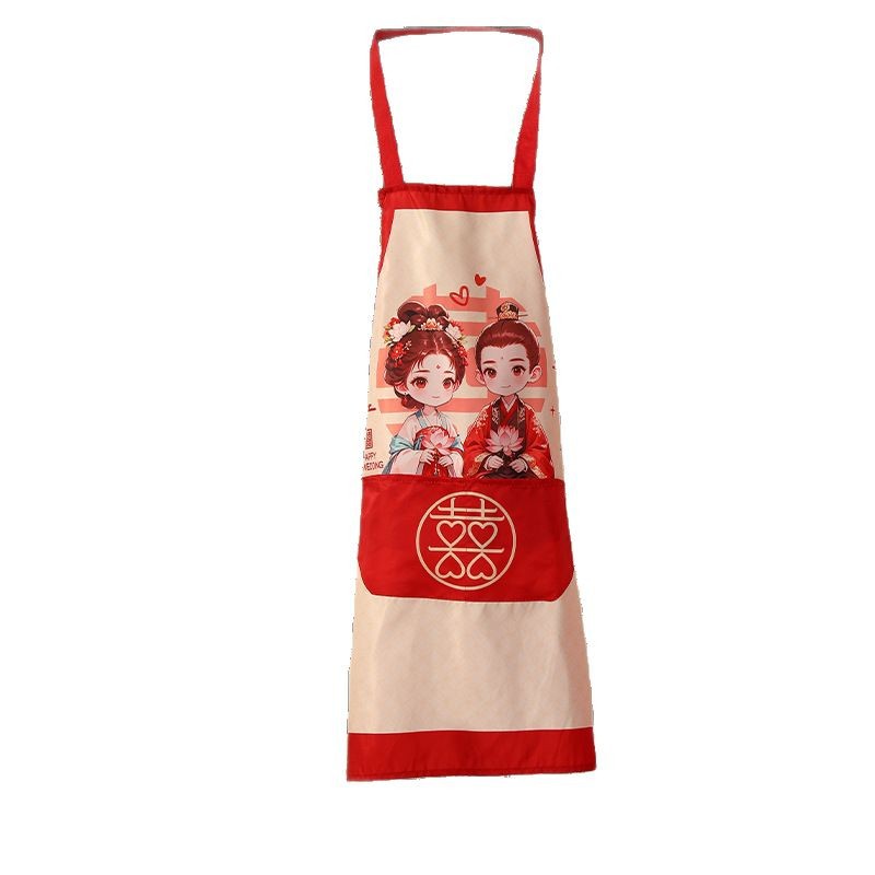 Newly-married couples enter the door to cook well, meaning relatives and friends, happy words, happy events, wedding banquet, special high-value aprons wholesale