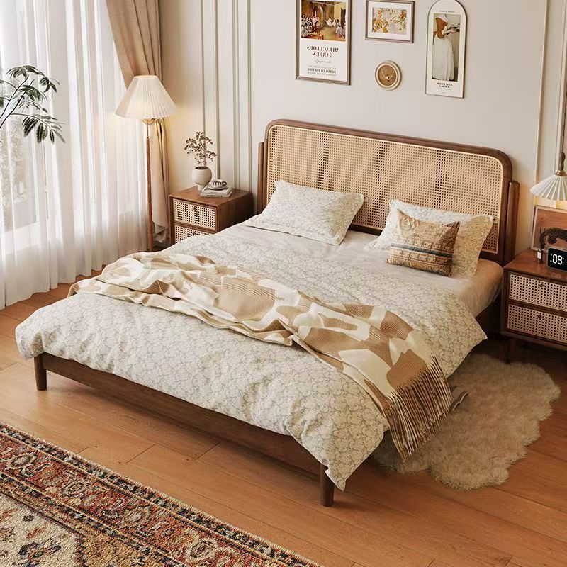 Rattan Bed Scandinavian Retro Solid Wood Bed 1.5m Double Bed 1.8m B&B Japanese Furniture 1.2m Single Bed