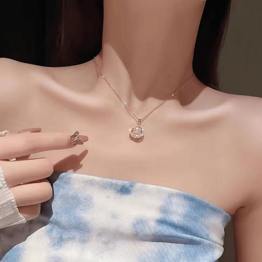 Floral Petal Necklace Ring Earrings Combination Surrounding Pearl Light Luxury Jewelry Live New Clavicle Chain