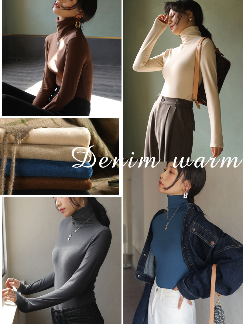 Solid Color German Velvet Pile Turtleneck Bottoming Shirt for Women, Autumn and Winter Velvet Thickeneded Long-Sleeved Bottoming Shirt Tight T-Shirt
