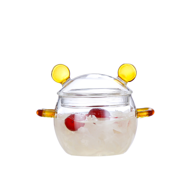 Transparent High Borosilicate Glass Steamed Egg Bowl Stew Cup Household Cute Double Handle Glass Steamed Egg Cup Baby Food Supplement Steaming Bowl