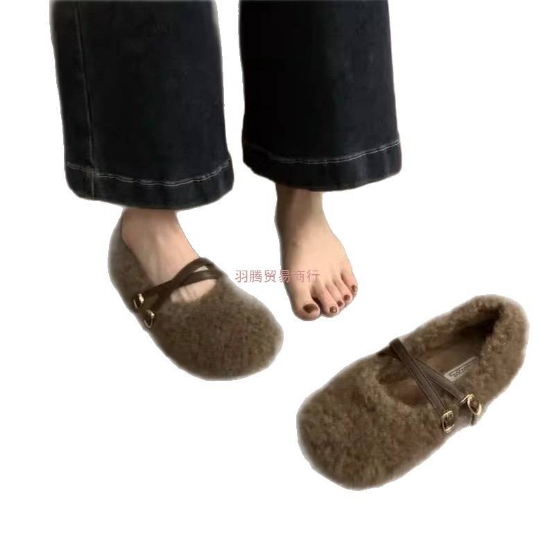 Mary Jane Fur Shoes for Women's Autumn and Winter Outer Wear 2025 New Versatile Pregnant Women's Soft-Soled Bean Shoes Fleece-Lined Cotton Scoop Shoes