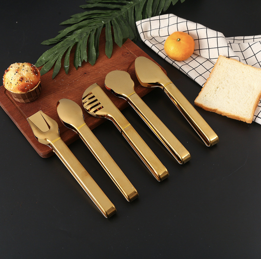 Stainless Steel Gold-Plated Food Tongs, Baking Bread Tongs, Outdoor Barbecue Tongs, Buffet Food Tongs 9inch
