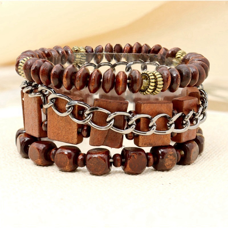 Cross-Border European and American New Multi-Layer Men's Wooden Beaded Bracelet Multi-Piece Set Braided Bracelet Retro Chain Wholesale