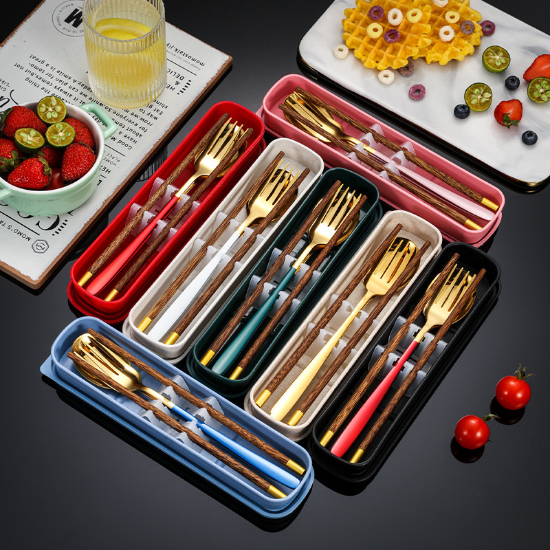 Корейский стиль, переносная столовая посуда, палочки для еды, ложка, вилка, креативный набор для студентов, дорожный набор, один контейнер, нержавеющая сталь, три предмета