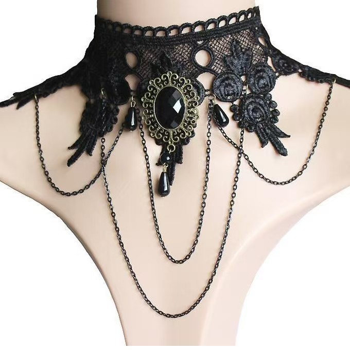European and American Cross-Border Lace Large Gemstone Wide Neck Black Lace Necklace Punk Dress Accessories Fake Collar Performance