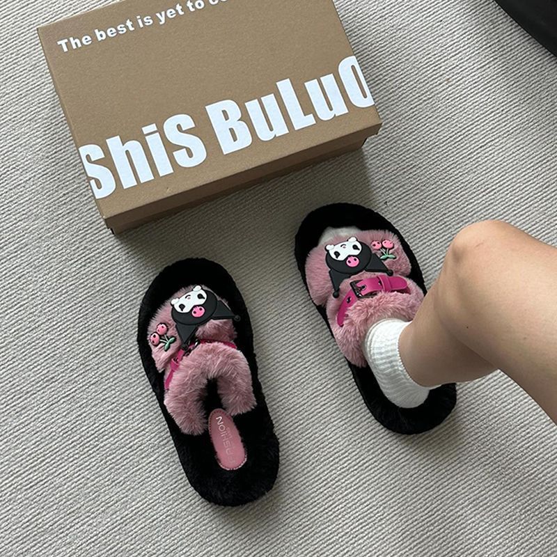 Cute Style Internet Celebrity Kuromi Plush Thick-Soled Slippers 2025 Autumn New Cartoon Versatile One-Line Cotton Slippers