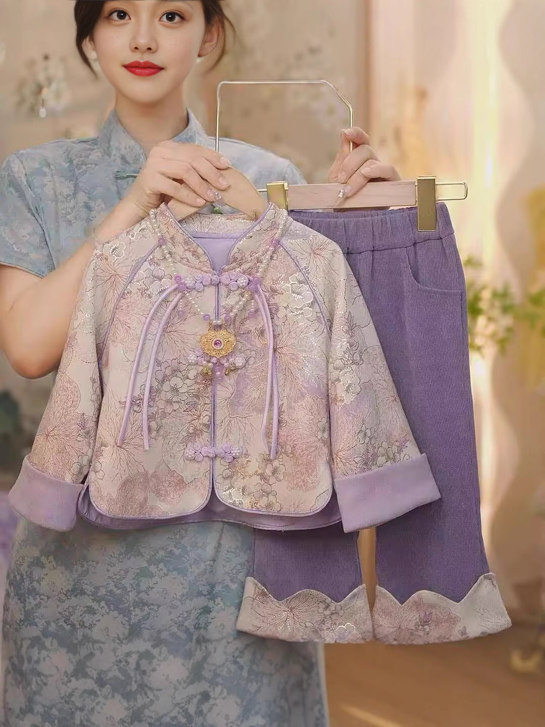 New Children's Traditional Costume Baby Chinese Style Fleece-Lined Set New Year Outfit Girls' Hanfu New Chinese Style Tang Suit Autumn and Winter