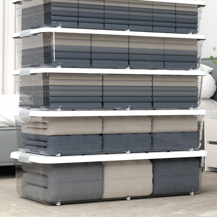 Коробка для хранения под кроватью, плоская пластиковая коробка для одежды и одеял, прозрачная коробка для хранения под диваном