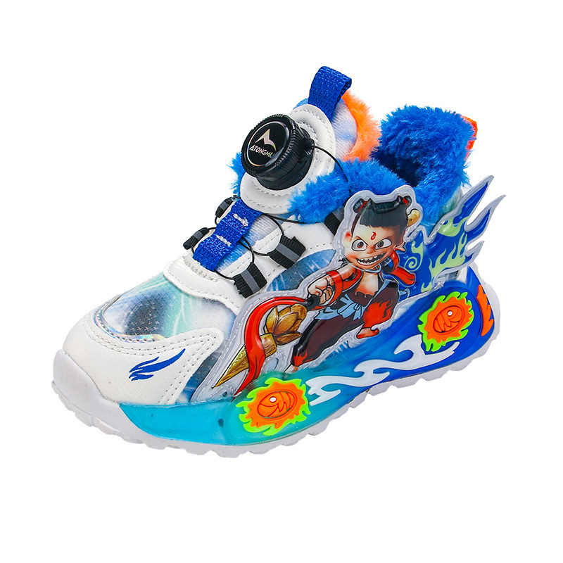 Wholesale Children's Sports Shoes 2025 Autumn and Winter New Leather Surface with Fleece Lining Warm Boys' Shoes Nezha Soft-Soled Running Shoes