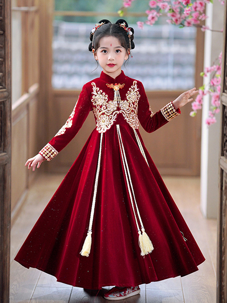 Little Girl's Ancient Style New Year's Greetings Dress, Girl's Winter Sequin Embroidered Dress, Kidsren's Chinese Style Tang Suit Han