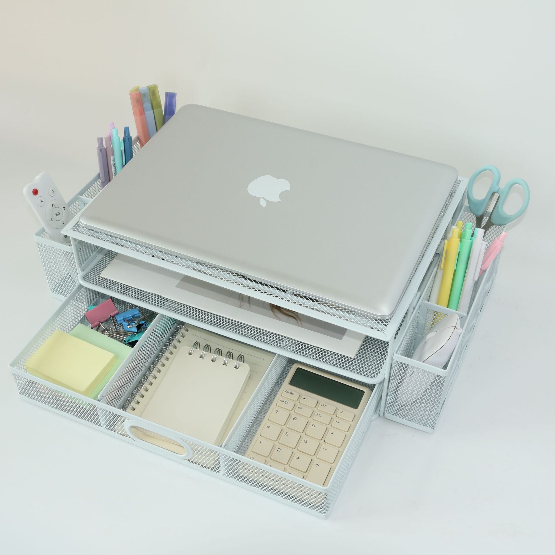 Iron net desktop computer heightening rack with two pen holders, suitable for computer printers, coffee machines, etc.