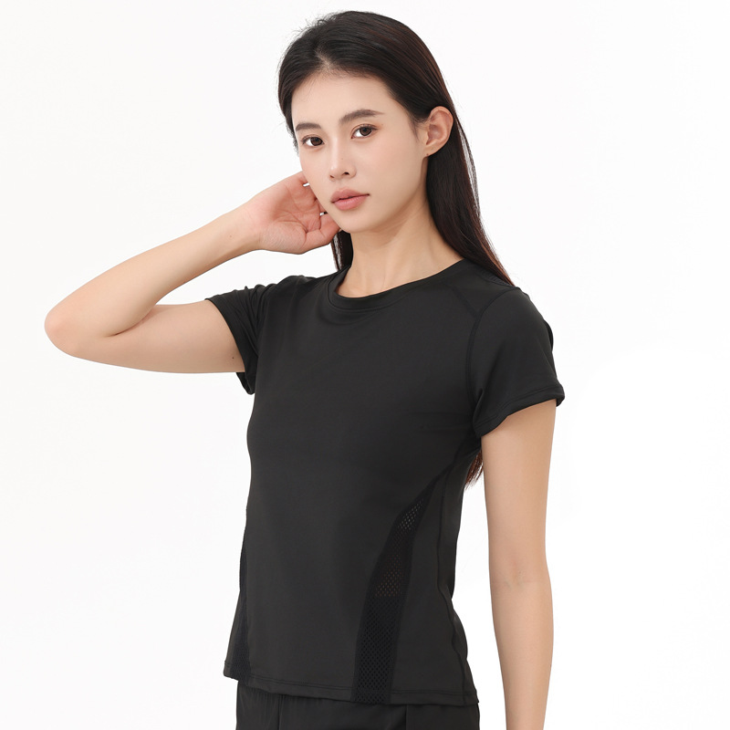 New Round Neck T-Shirt Women's Sports Quick-drying Running Top Mesh Stitching Breathable Slim Yoga Short Sleeves