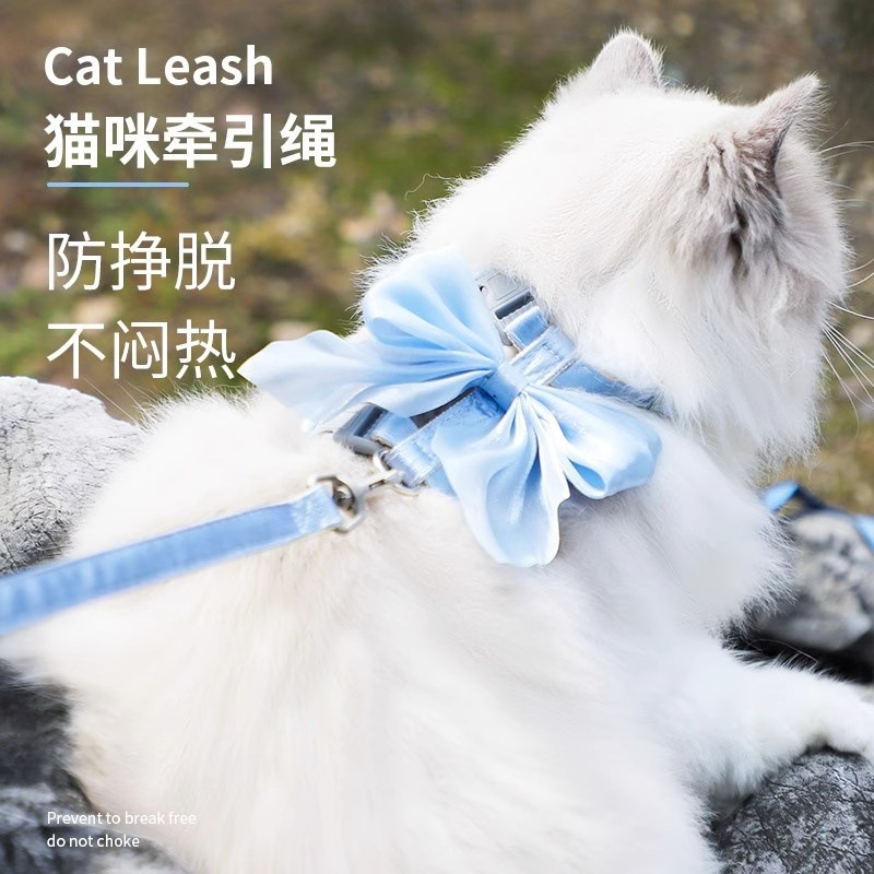 Cat Traction Rope Adjustable Anti-Breakaway Cat Walking Rope Cat Chain Bright Silk Bow Cat I-Shaped Traction Rope Wholesale