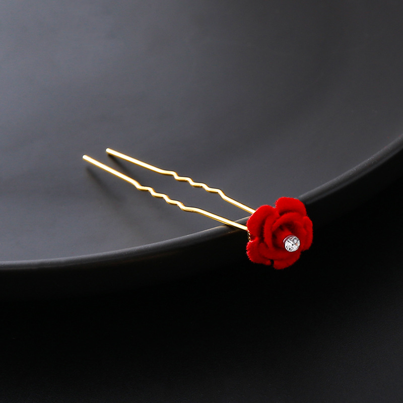 Burgundy Rose Bud Versatile U-Shaped Hair Fork Ball Headband Flower Bride Chinese Dress Style Hairpin