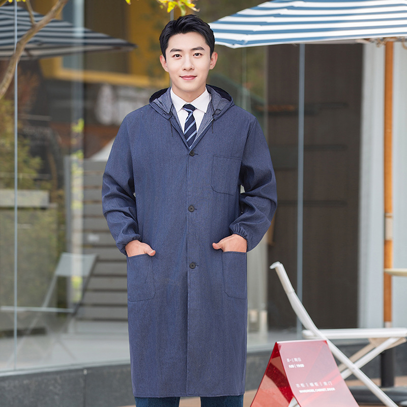 Denim hooded gown men's and women's labor protection clothing dustproof and stain-resistant blue gown thickened work clothes Denim labor protection gown
