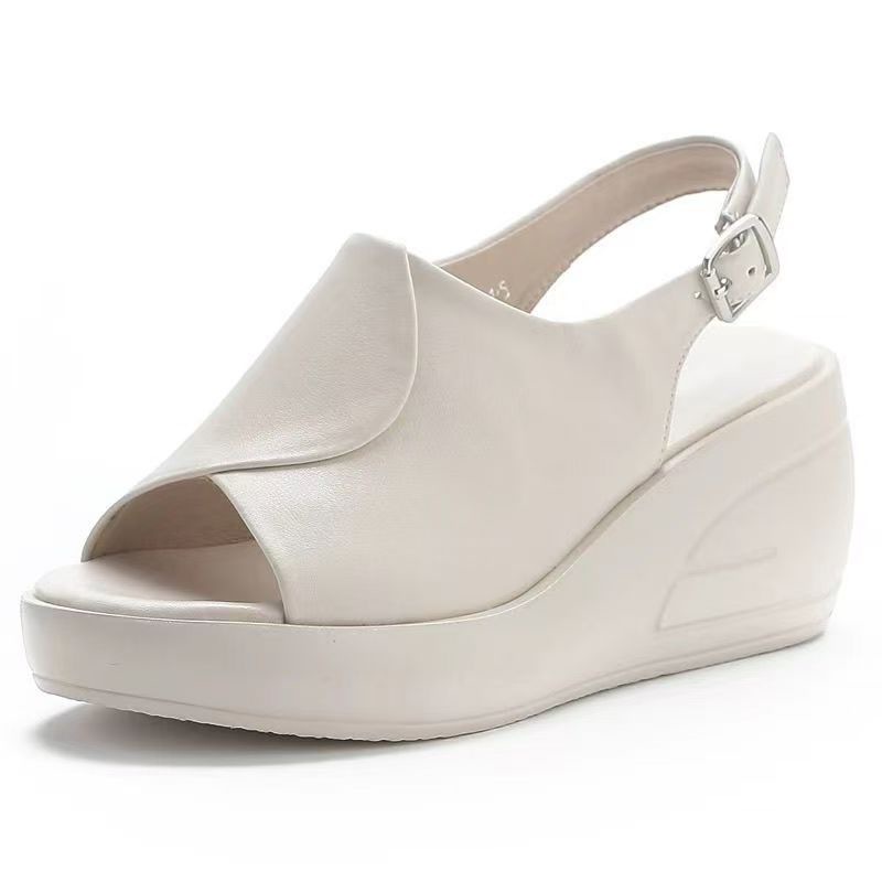 2025 New Summer Thick-Soled One-Line Buckle Sandals Soft-Soled Wedge Heel Fish Mouth Outer Wear High-Heeled Sandals Cross-Border