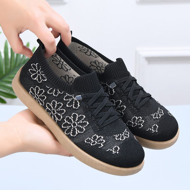 Shoes for Women 2025 Autum Embroidered Lace-Up Shoes for Middle-Aged and Elderly Mothers, Slip-On Casual Shoes, Fly-Knit Moral Training Shoes