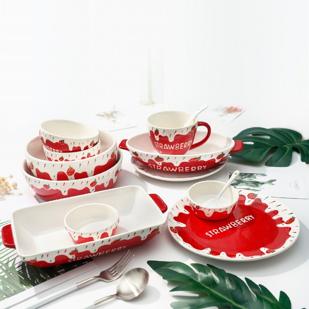 Embossed Strawberry Series Ceramic Tableware Set Hand-Painted Breakfast Cup Rice Bowl Soup Noodle Bowl Salad Bowl Dark and Light Dinner Plate