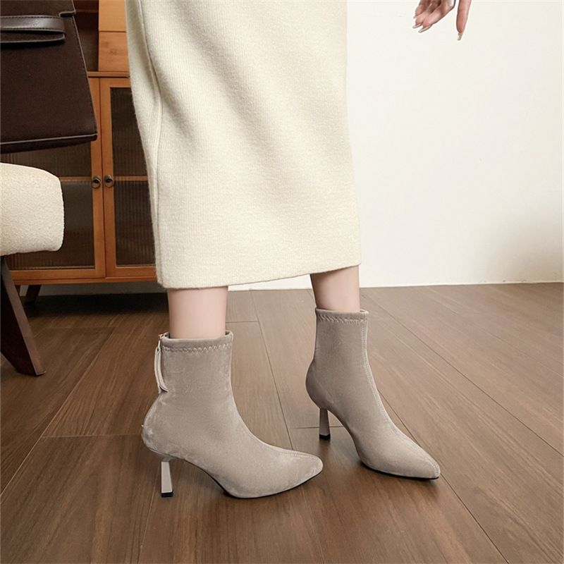 Popular "Big Beautiful" 5.5cm Pointed Toe Stiletto Slim Boots for Women Suede Soft Sole Comfortable High Heel Short Boots Fashion